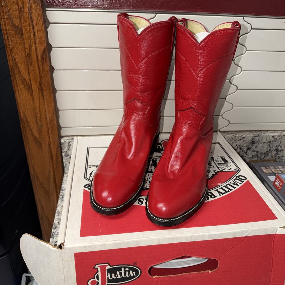 Womens Vintage 1988 Justin Red Leather Roper Cowboy Boots 9.5 D NEW Made In USA